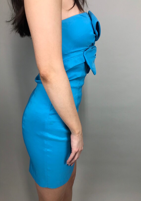 90’s Turquoise blue strapless mini dress with bow… - image 5