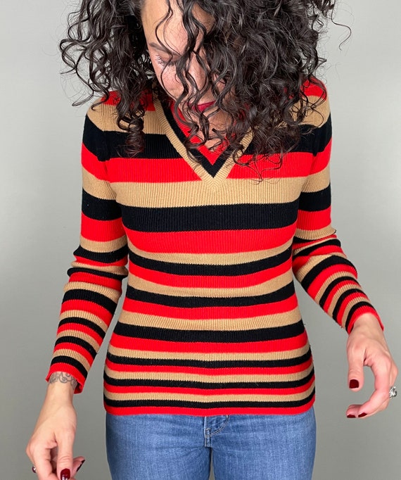 Vintage v neck stripe red, tan, & black long slee… - image 6