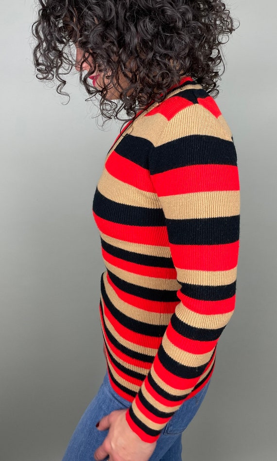 Vintage v neck stripe red, tan, & black long slee… - image 7