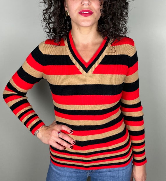 Vintage v neck stripe red, tan, & black long slee… - image 2