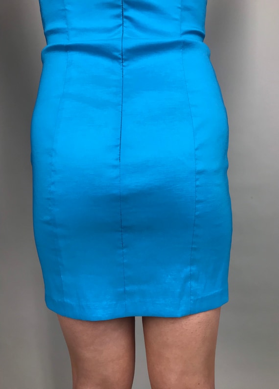 90’s Turquoise blue strapless mini dress with bow… - image 8