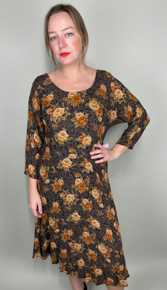 Vintage black & brown floral print crepe midi dre… - image 4