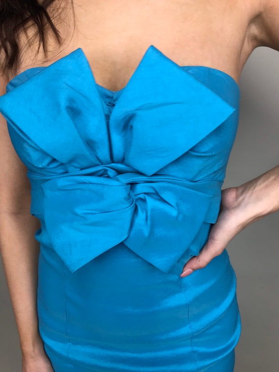 90’s Turquoise blue strapless mini dress with bow… - image 3