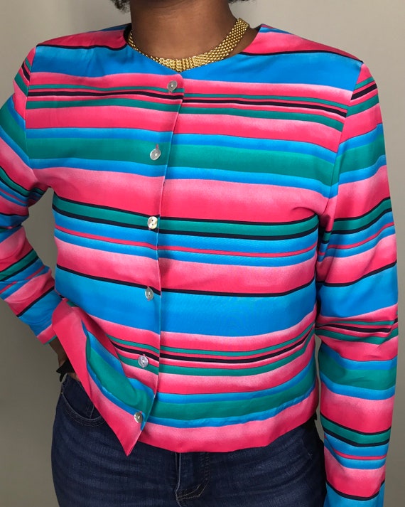 Vintage colorful stripe silk button up blazer top… - image 3