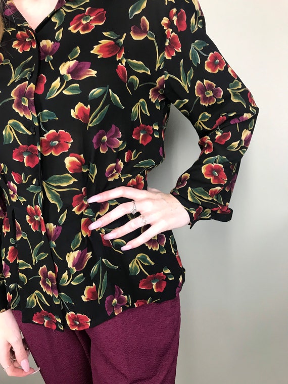 Vintage black & purple floral button up blouse by… - image 6