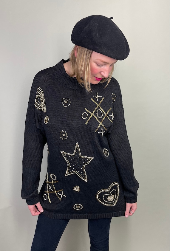 Vintage 90’s XOXO beaded black crewneck tunic swea