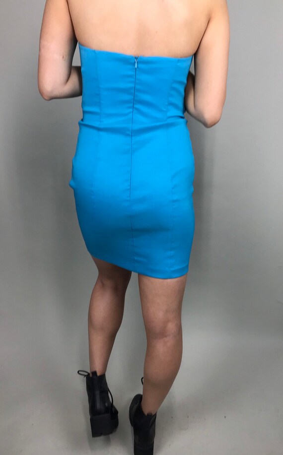 90’s Turquoise blue strapless mini dress with bow… - image 6