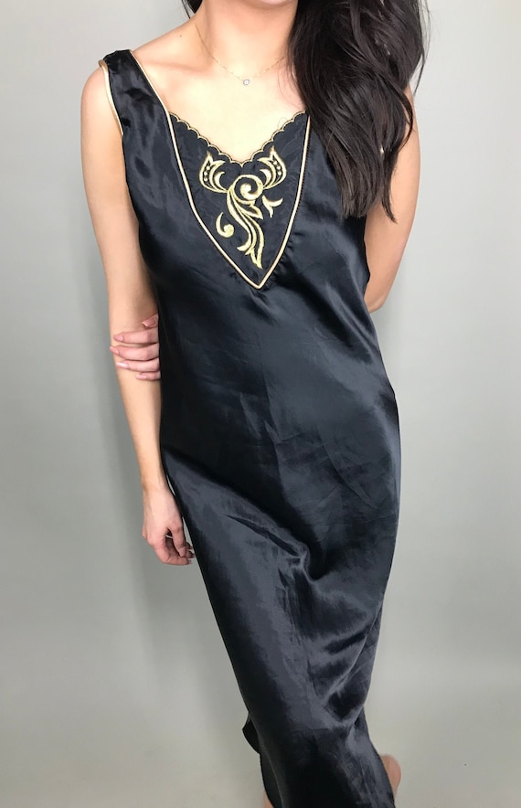 Vintage black night gown with gold embroidered det