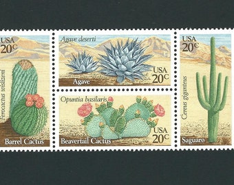 Desert Plants Cactus 8 Stamps (2 blocks of 4) Unused Vintage USPS Postage Stamps MNH 20c Year 1981 Scott 1942-1945 Mail Art, Wedding