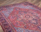Red Persian Heriz Rug, Machine Washable Area Rugs, Oriental Floor Housewarming Geometric Decor Farmhouse Art deco French Country Carpet Rugs