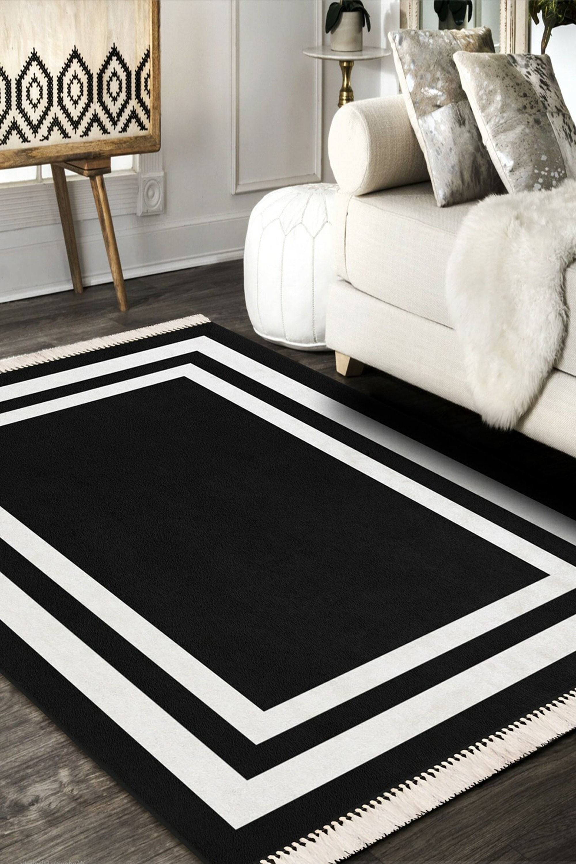 Black Rug RUNNER Black White Home Decor Art Deco Tassel Rugs Etsy