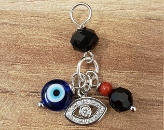 Triple Protection -Silver Tone- Variation - Blue Glass Bead - Silver Tone Eye - Azabache Inspired Charm & Pendant | Evil Eye Protection