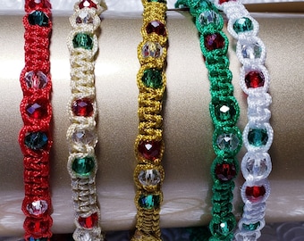 Merry Christmas - Holiday Friendship Bracelets | 4mm Faceted Glass Beads | Knotted Holiday Theme Bracelets | Adjustable - Fits most