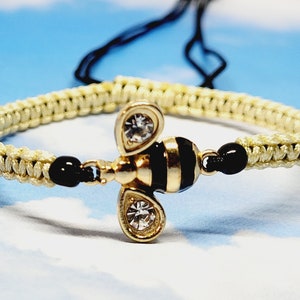 Bumble Bee Charm Macrame Bracelet | Black & Gold Tone Adjustable Bracelet