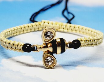 Bumble Bee Charm Macrame Bracelet | Black & Gold Tone Adjustable Bracelet