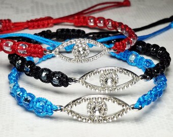 Knotted Evil Eye Bracelet - Jeweled Silver Toned Charm, Adjustable Good Luck Amulet - Protection