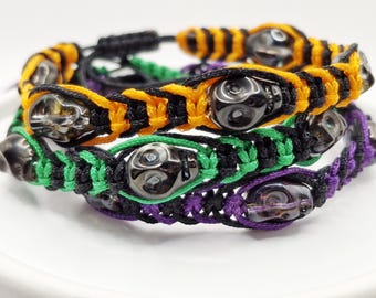Macrame Glass Skull Bracelet | Halloween Colors, Knotted Nylon Cord