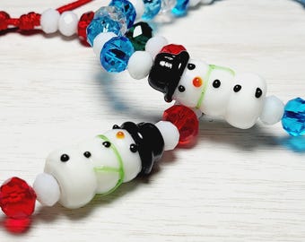 Glass Snowman Bracelet – Winter Holiday Adjustable Bead Bracelet