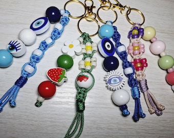Handmade Beaded Keychain – Evil Eye, Strawberry, Floral Charm