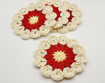 Crochet Flower Coaster Set of 4 – Cotton Doilies, Desk & Dining Decor