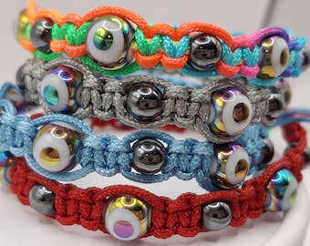 Pulsera tejida de ojo turco y hematita / Pulsera de la amistad de la suerte con hilo de nailon de 2 mm / Buena suerte y protección / Ajustable