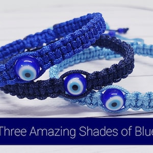 Lucky Knotted Bracelet w Evil Eye Bead | 3 Blue Nylon String Colors - 8mm Glass Pretty Blue Eye Bead | Bold Unisex Mens Womens | Adjustable