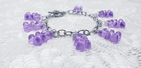 Fun Gummy Bear | Gummy Heart Toggle Charm Bracelet | All Colors Available! | Silver Tone 7.5 inch Toggle Bracelet | Resin Charms ‐ Art
