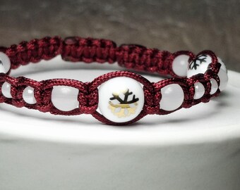 Snowflake Beaded Bracelet | Burgundy Macrame Woven Holiday Jewelry - Large Beads - Adjustable