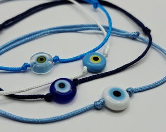 Blue Evil Eye Bracelet | Flat Glass Bead, Adjustable Knot | Minimalist Energy Protection