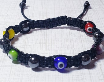 Multicolor Evil Eye and Hematite 8mm Beads | Unisex | Knotted Friendship Bracelet | 2mm Black Nylon String | Bold - Adjustable | Men - Women