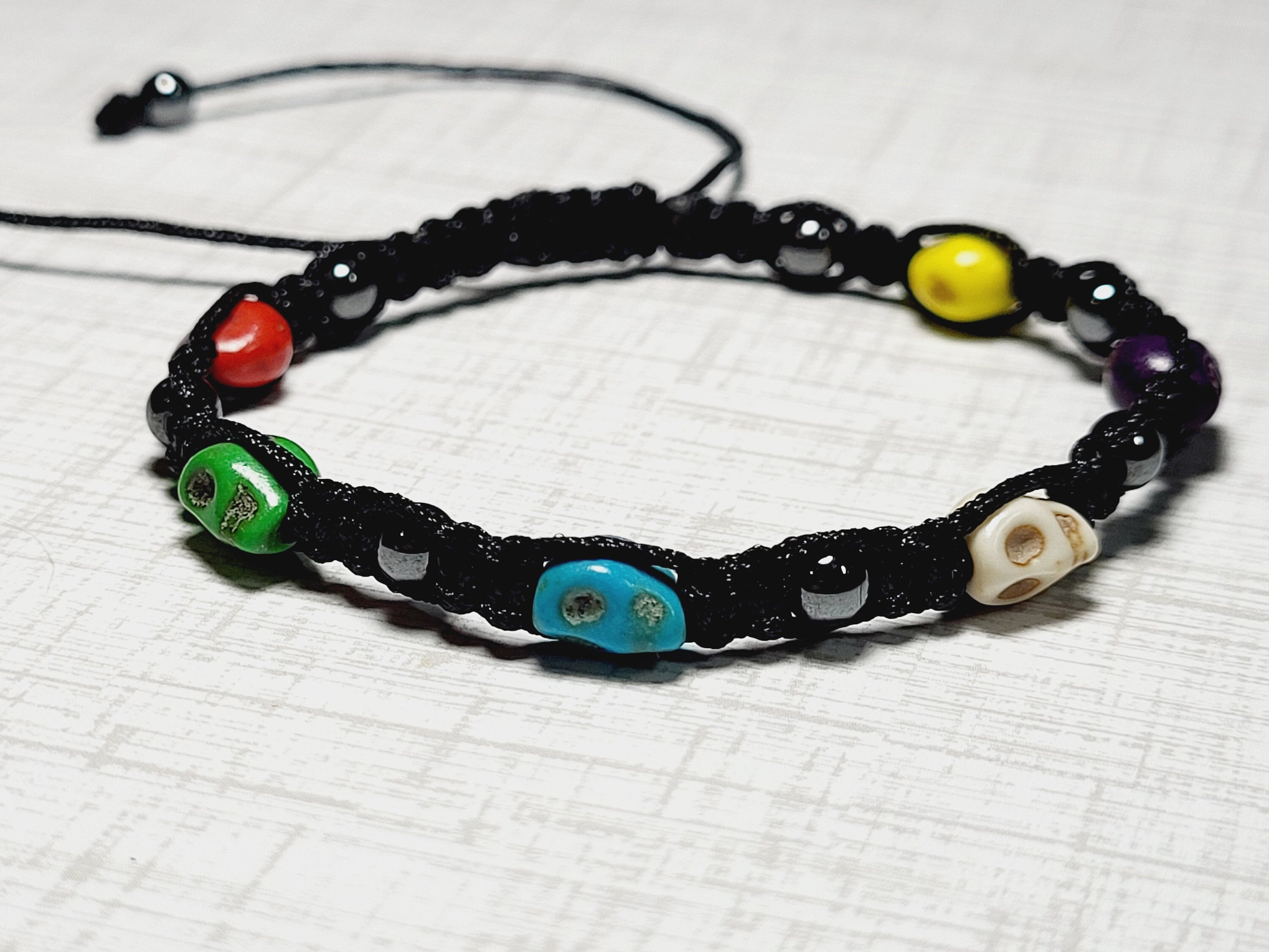 Tiny Multicolor Skull & Hematite Bead Friendship Bracelet | Adjustable - Fits Most | Great for Halloween or Anytime