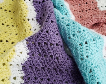 Crocheted Chevron Baby Blanket | Pink, Yellow, Purple, Teal Acrylic Yarn | 31x31 Inch