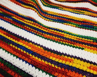 Handmade Crochet Baby Blanket | Rainbow Stripes, Soft Acrylic Throw (43x38 inch)