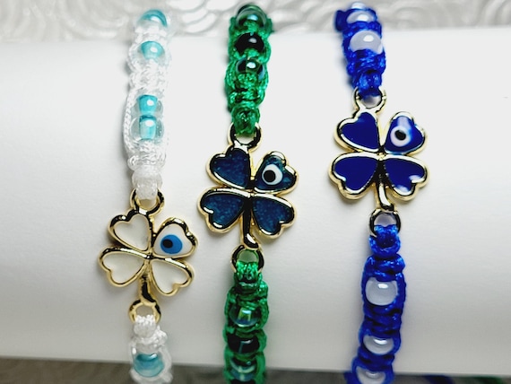 Lucky 4 Four Leaf Clover | Shamrock | Evil Eye | Good Luck String Bracelet | Macrame Friendship Bracelet- Adjustable - Fits Most
