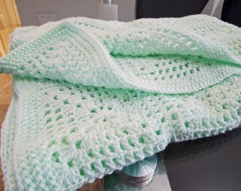 Baby Blanket | Mint Baby Green Sparkle Acrylic Yarn | Handmade - Crochet - Filet Granny Square with border | Gift Idea 33 x 33 inch