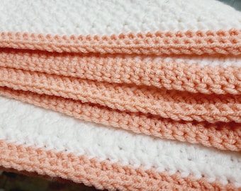 Handmade Crochet Baby Blanket | White & Peach Border, Suzette Stitch 33x36 inches