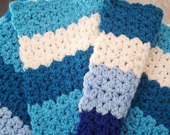 Handmade Crochet Baby Blanket | Blue Acrylic Yarn, Scalloped Border (42x42")