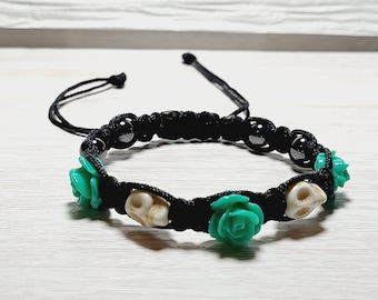 Macrame Skull & Teal Rose Bracelet | Hematite, Adjustable