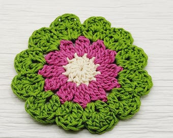 Crochet Flower Coaster – Single - Individual Cotton Floral Doily Coaster - Desk Accessory