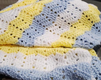 Handmade Crochet Baby Blanket | Blue, Yellow, and White Chevron