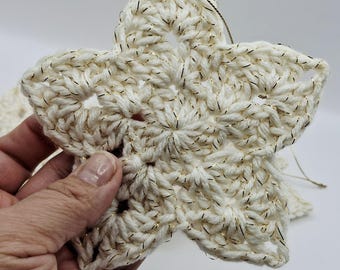 Golden Sparkle Antique Off-White Crochet Christmas Star Ornament  | Holiday Tree Ornament | Set of 6