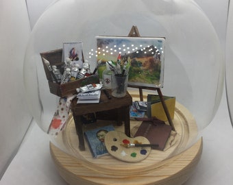 Miniature Artists Diorama under Glass Dome