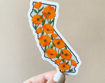 California Poppies State Silhouette Sticker; local love vinyl sticker; laptop waterproof water bottle sticker