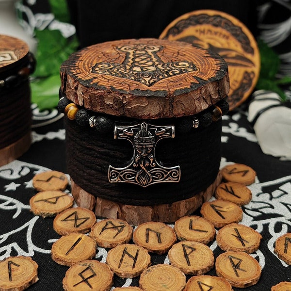 Rune set made of spruce with altar box Thor Elder Futhark Altar Mjölnir decoration