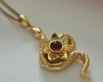 18k Gold Snake Pendant with Garnet - Snake jewelry - Gold snake pendant - Serpent necklace - Gold snake jewellery - Gift for her