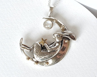 925 Sterling Silver Sleeping Bunny Pendant - Natural Moonstone jewelry - Cute Hare pendant - Silver Bunny - Hare Bunny necklace-Gift for her