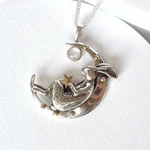 925 Sterling Silver Sleeping Bunny Pendant - Natural Moonstone jewelry - Cute Hare pendant - Silver Bunny - Hare Bunny necklace-Gift for her