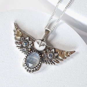 Silver and 18K gold Owl Pendant - Natural Moonstone jewelry - Owl necklace -  Cute owl pendant - Spiritual owl pendant - Luxury Flying owl