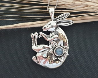 925 Sterling Silver Bunny Pendant - Natural Moonstone jewelry - Gift for her -  Cute Hare pendant - birthstone pendant- Witchcraft Amulet