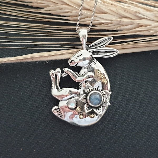925 Sterling Silver Bunny Pendant - Natural Moonstone jewelry - Gift for her -  Cute Hare pendant - birthstone pendant- Witchcraft Amulet